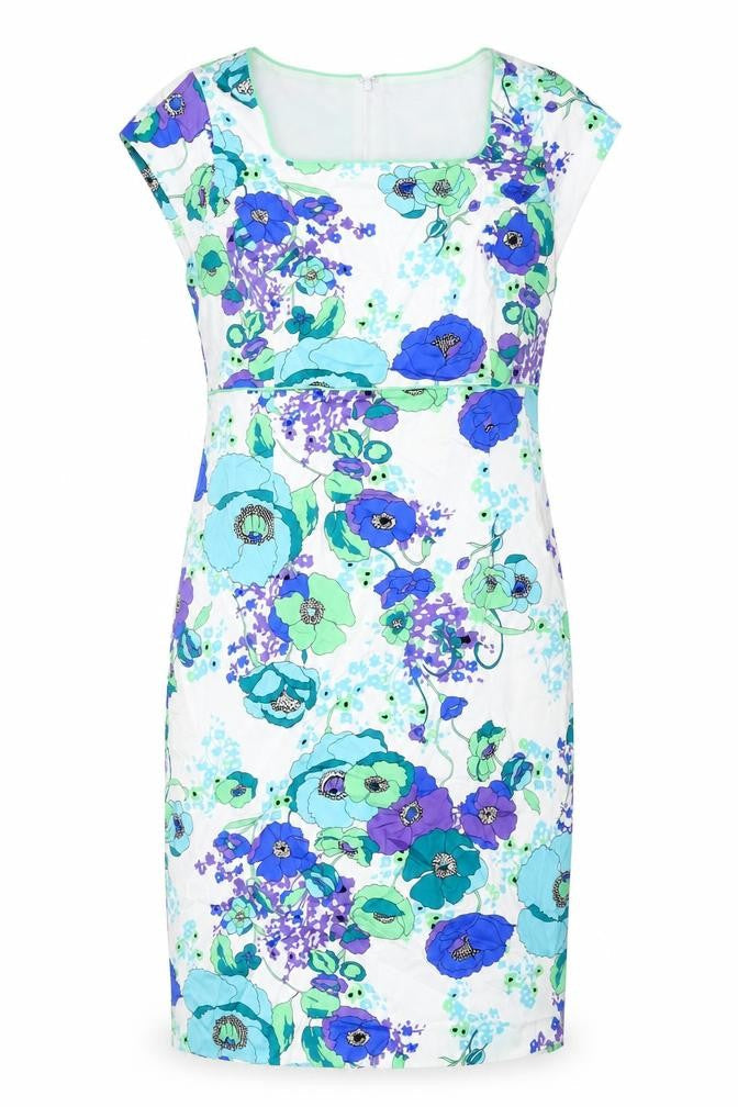 Artigiano Womens Blue Geometric Cotton Sheath Size 14 Square Neck Zip