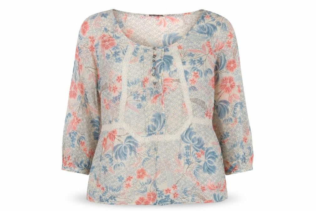 Indigo Womens Beige Geometric Cotton Basic Blouse Size 10 Round Neck