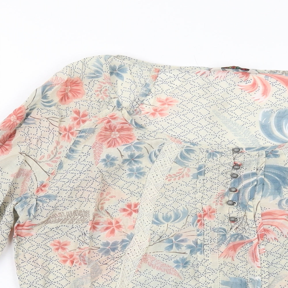 Indigo Womens Beige Geometric Cotton Basic Blouse Size 10 Round Neck