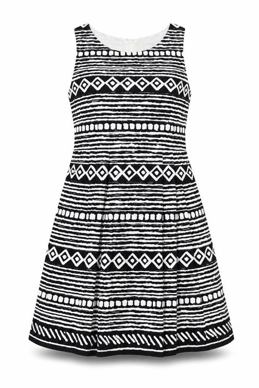 Front view of Principles women’s beige geometric cotton a-line, size UK 16, round neck zip