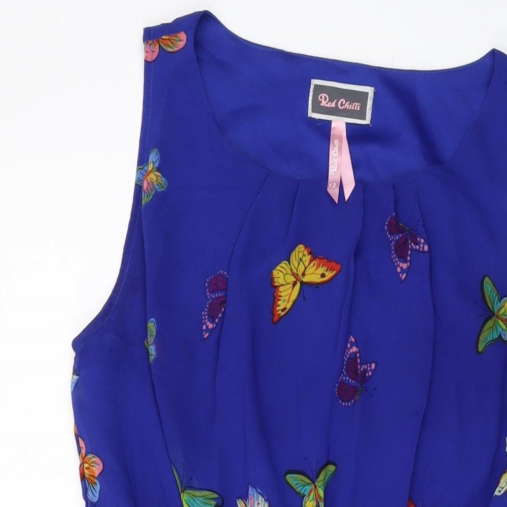 Red Chilli Womens Blue Geometric Polyester A-Line Size 12 Round Neck Pullover