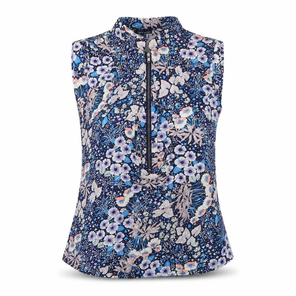 Warehouse Womens Blue Floral Polyester Basic Tank Size 10 Mock Neck