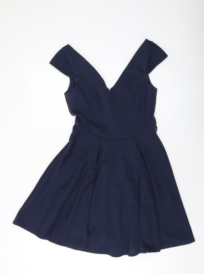 Additional front view of ASOS women’s blue polyester a-line, size UK 10, v-neck zip