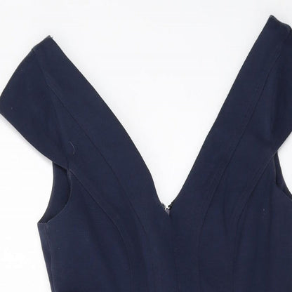 Close-up detail of ASOS women’s blue polyester a-line, size UK 10, v-neck zip