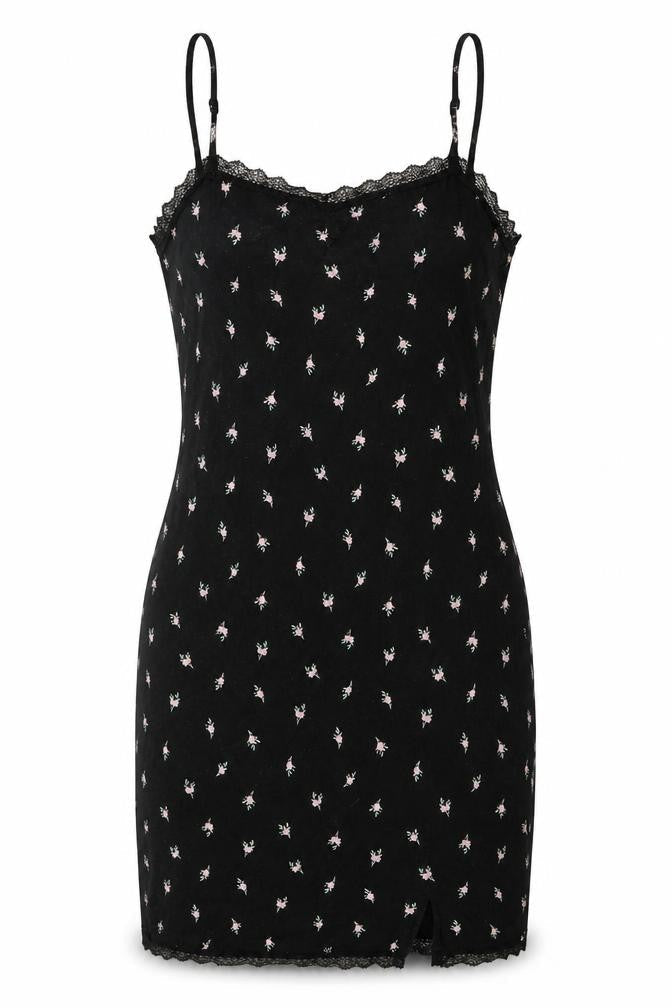 Divided by H&M Womens Black Floral Cotton Mini Size M Sweetheart Pullover - Lace Trim