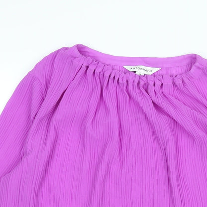 Close-up detail of Autograph women’s purple polyester basic blouse, size UK 14, round neck - plisse
