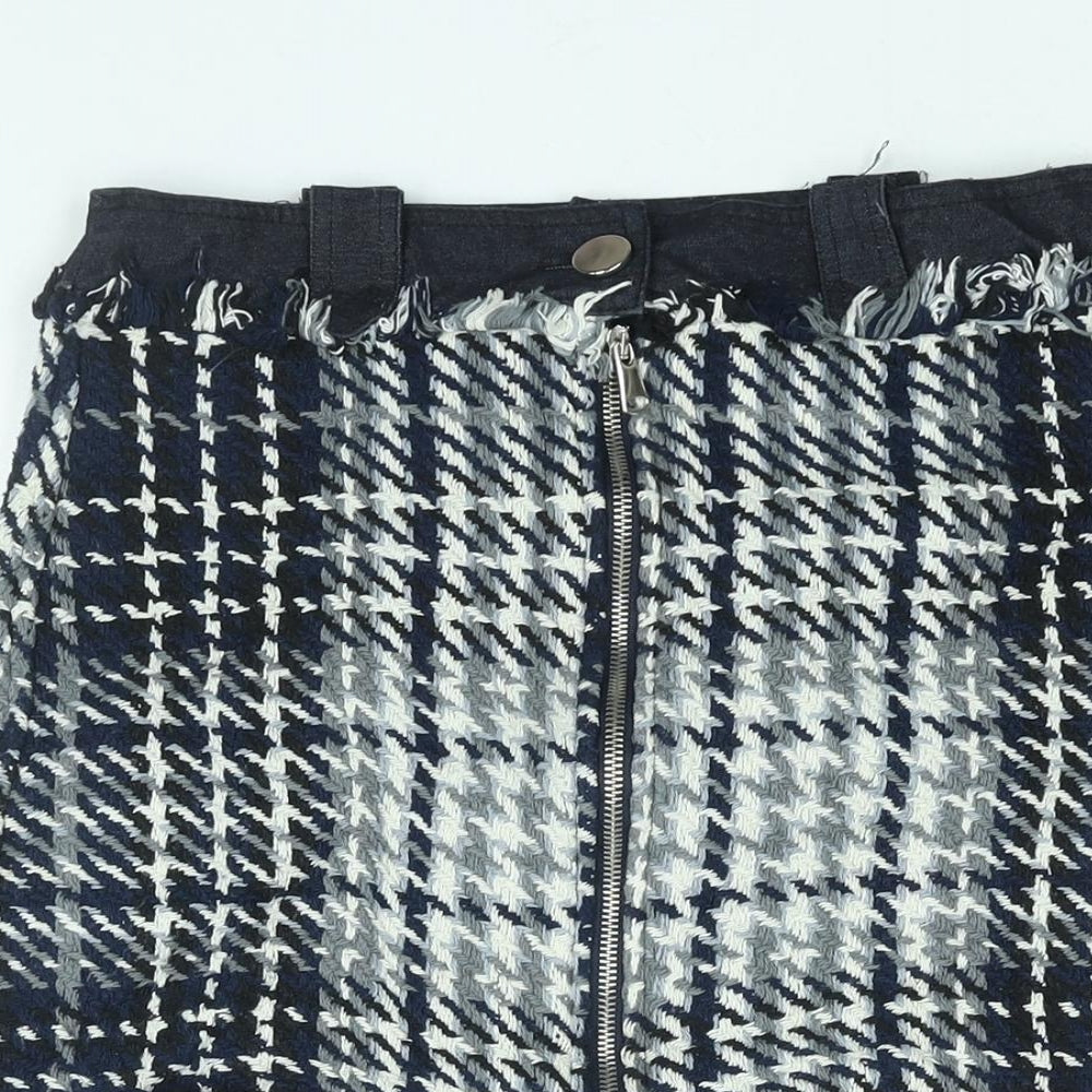 Zara Womens Blue Geometric Cotton Mini Skirt Size S Zip - Raw Edge