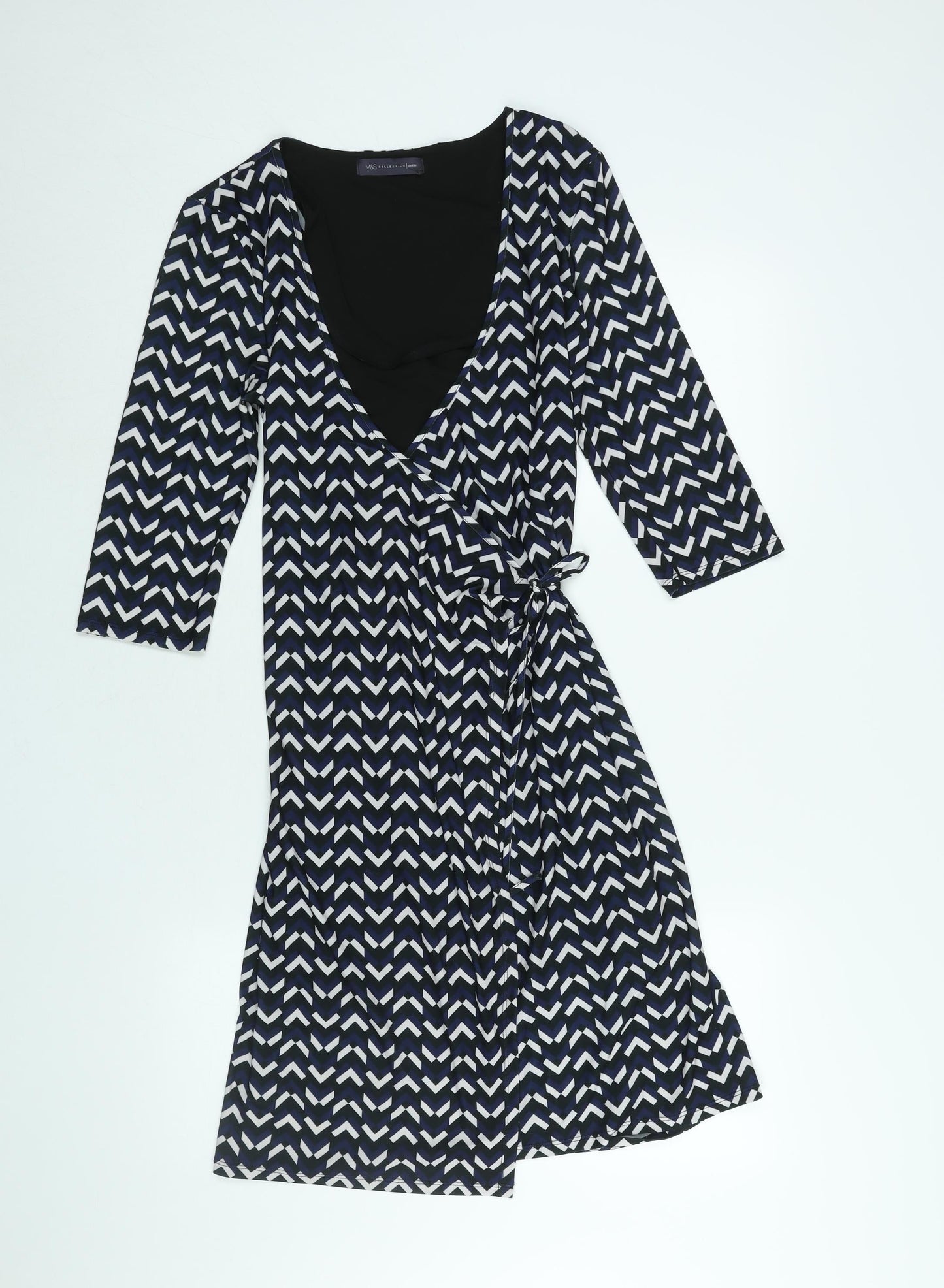Marks and Spencer Womens Multicoloured Geometric Polyester Wrap Dress Size 10 V-Neck Tie