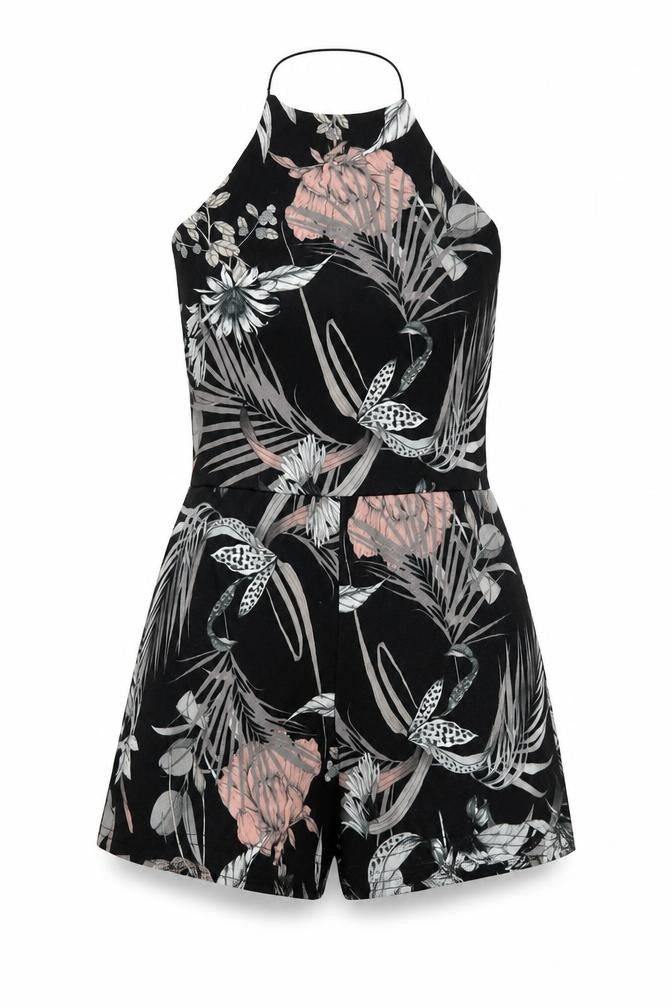 Boohoo Womens Black Floral Polyester Playsuit One-Piece Size 12 Pullover