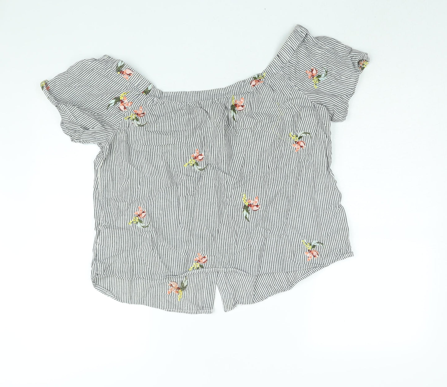 Warehouse Womens Grey Striped Cotton Basic Blouse Size 16 Off the Shoulder - Floral Embroidery