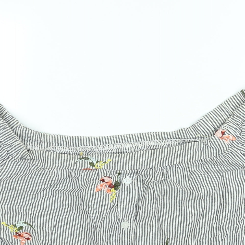 Warehouse Womens Grey Striped Cotton Basic Blouse Size 16 Off the Shoulder - Floral Embroidery