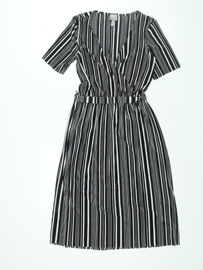 Additional front view of ASOS women’s black striped polyester shift, size UK 8, v-neck pullover - belted plisse