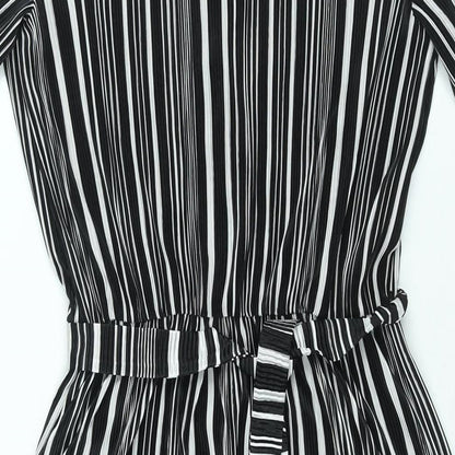 Brand and care label for ASOS women’s black striped polyester shift, size UK 8, v-neck pullover - belted plisse
