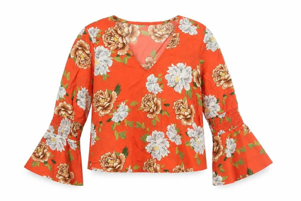 Influence Womens Red Floral Polyester Basic Blouse Size 12 V-Neck - Bell Sleeve