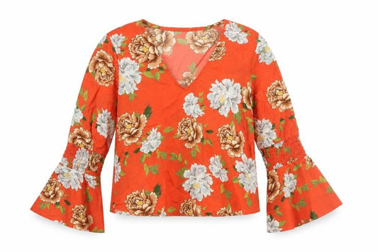 Influence Womens Red Floral Polyester Basic Blouse Size 12 V-Neck - Bell Sleeve