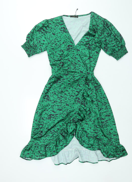 Jenerique Womens Green Geometric Polyester Wrap Dress Size 10 V-Neck Tie - Frill