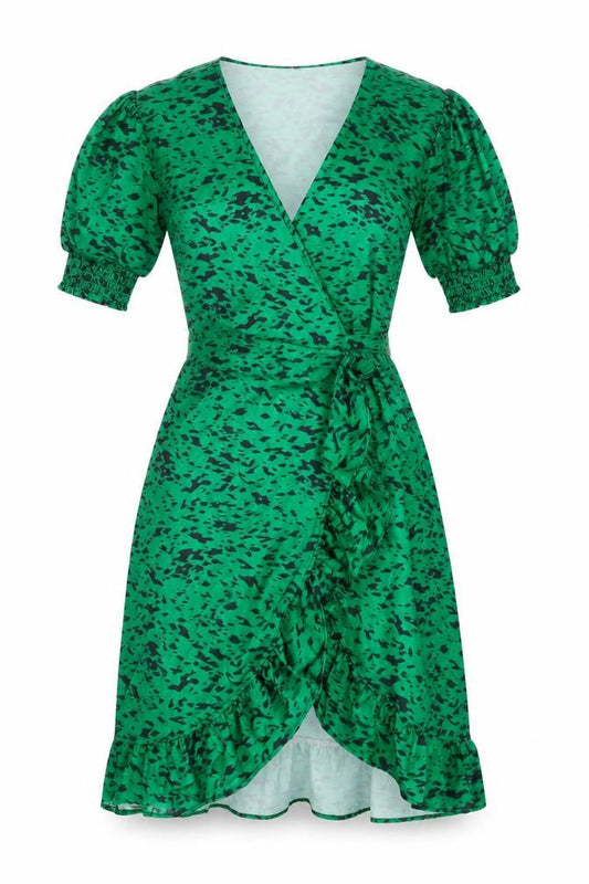 Jenerique Womens Green Geometric Polyester Wrap Dress Size 10 V-Neck Tie - Frill