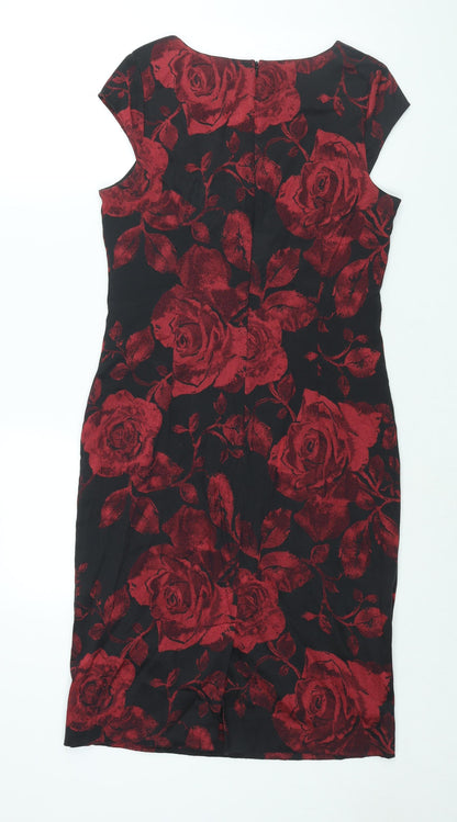 Back view of Roman women’s red floral polyester shift, size UK 12, v-neck zip