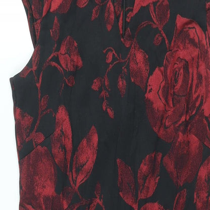 Close-up detail of Roman women’s red floral polyester shift, size UK 12, v-neck zip