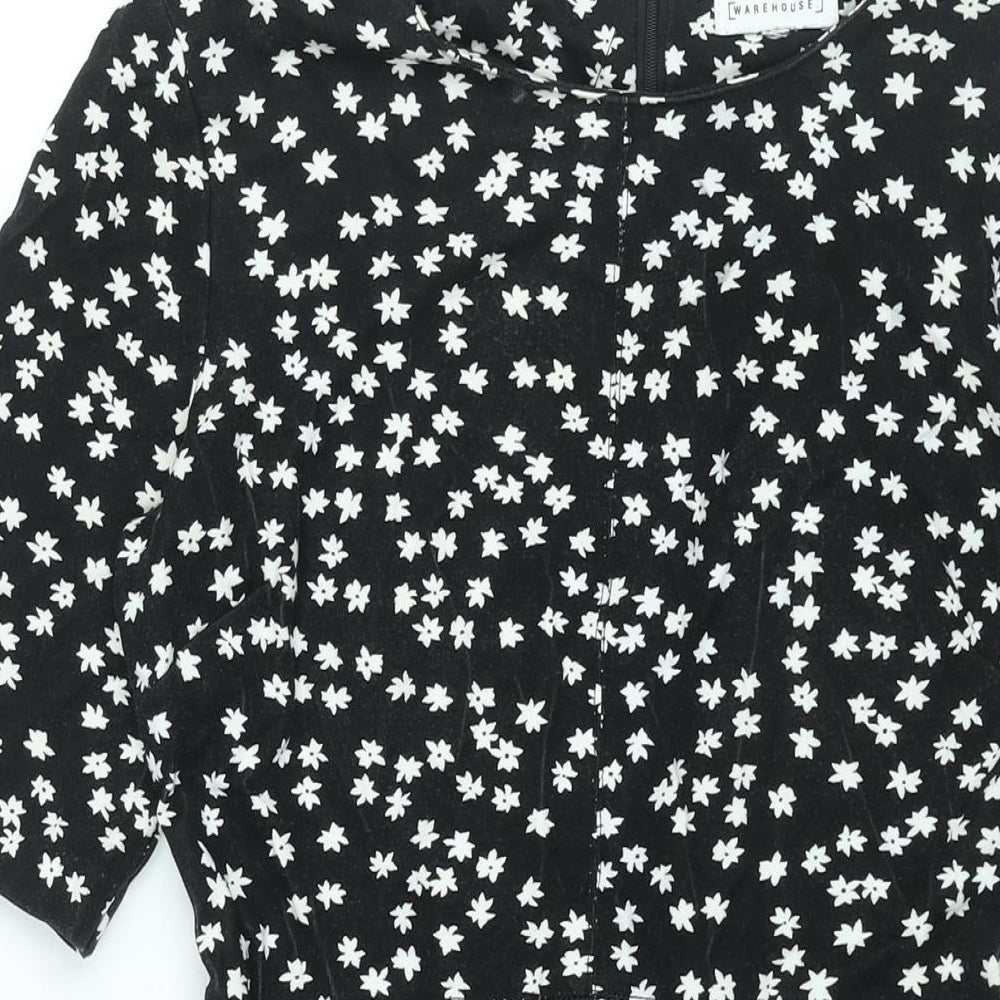 Warehouse Womens Black Floral Viscose A-Line Size 10 Round Neck Zip