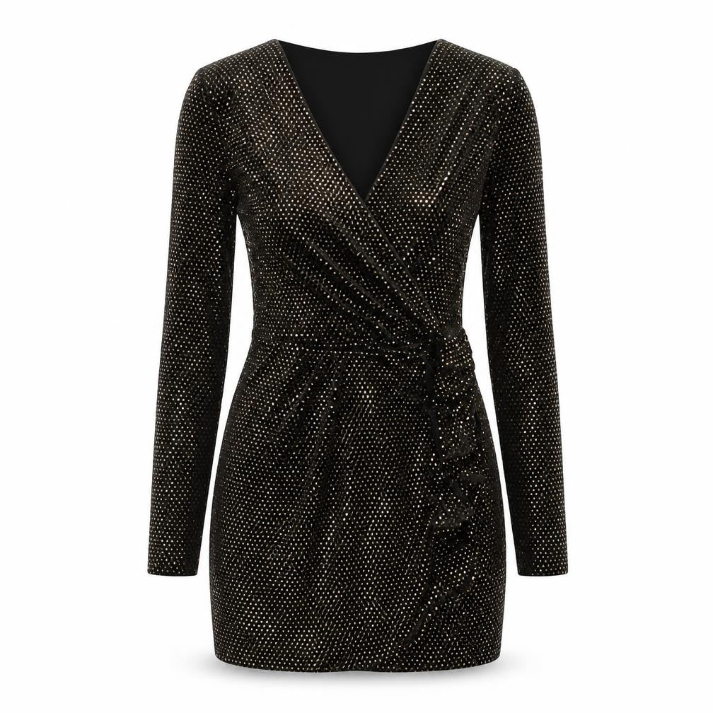River Island Womens Black Polyester Bodycon Size 10 V-Neck Pullover - Shoulder Pads Gold Sequin