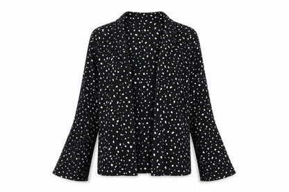 Front view of ASOS women’s black polyester basic button-up, size UK 10, v-neck - open front