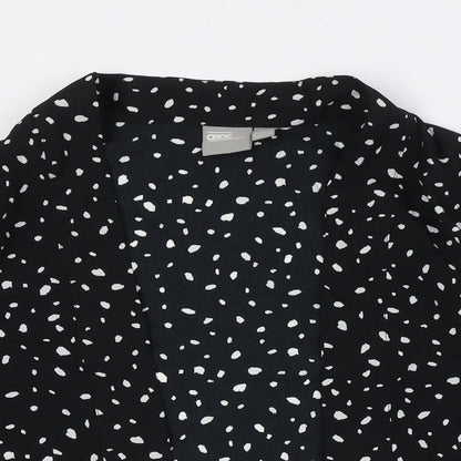 Close-up detail of ASOS women’s black polyester basic button-up, size UK 10, v-neck - open front