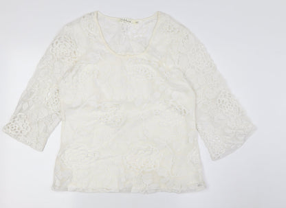 SOLITAIRE Womens Ivory Viscose Basic Button-Up Size S Round Neck - Lace Overlay