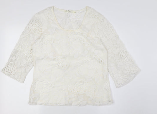 SOLITAIRE Womens Ivory Viscose Basic Button-Up Size S Round Neck - Lace Overlay