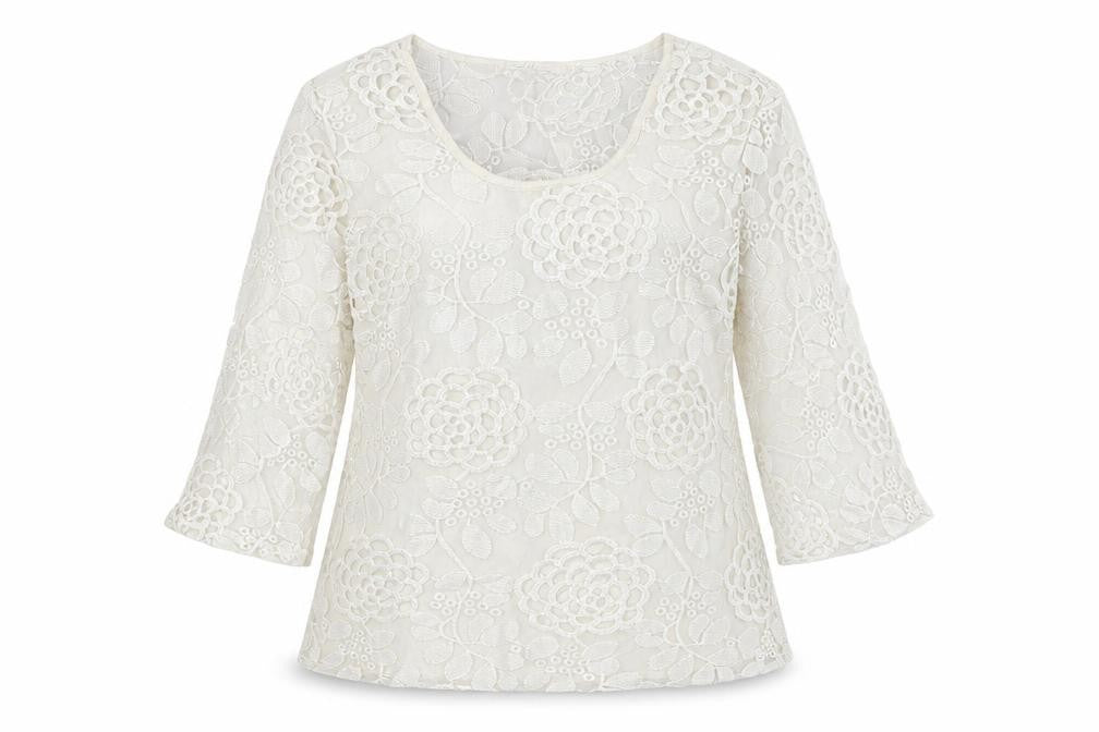 SOLITAIRE Womens Ivory Viscose Basic Button-Up Size S Round Neck - Lace Overlay
