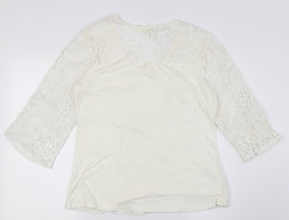 SOLITAIRE Womens Ivory Viscose Basic Button-Up Size S Round Neck - Lace Overlay