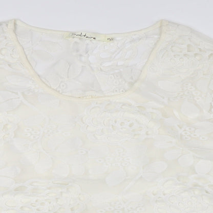 SOLITAIRE Womens Ivory Viscose Basic Button-Up Size S Round Neck - Lace Overlay