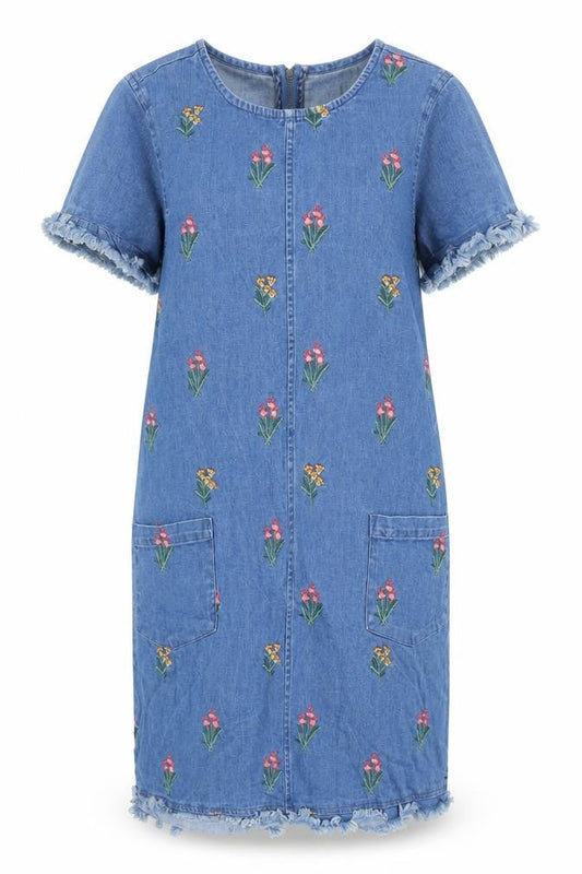 Red Herring Womens Blue Cotton Sheath Size 10 Round Neck - Embroidered Flowers