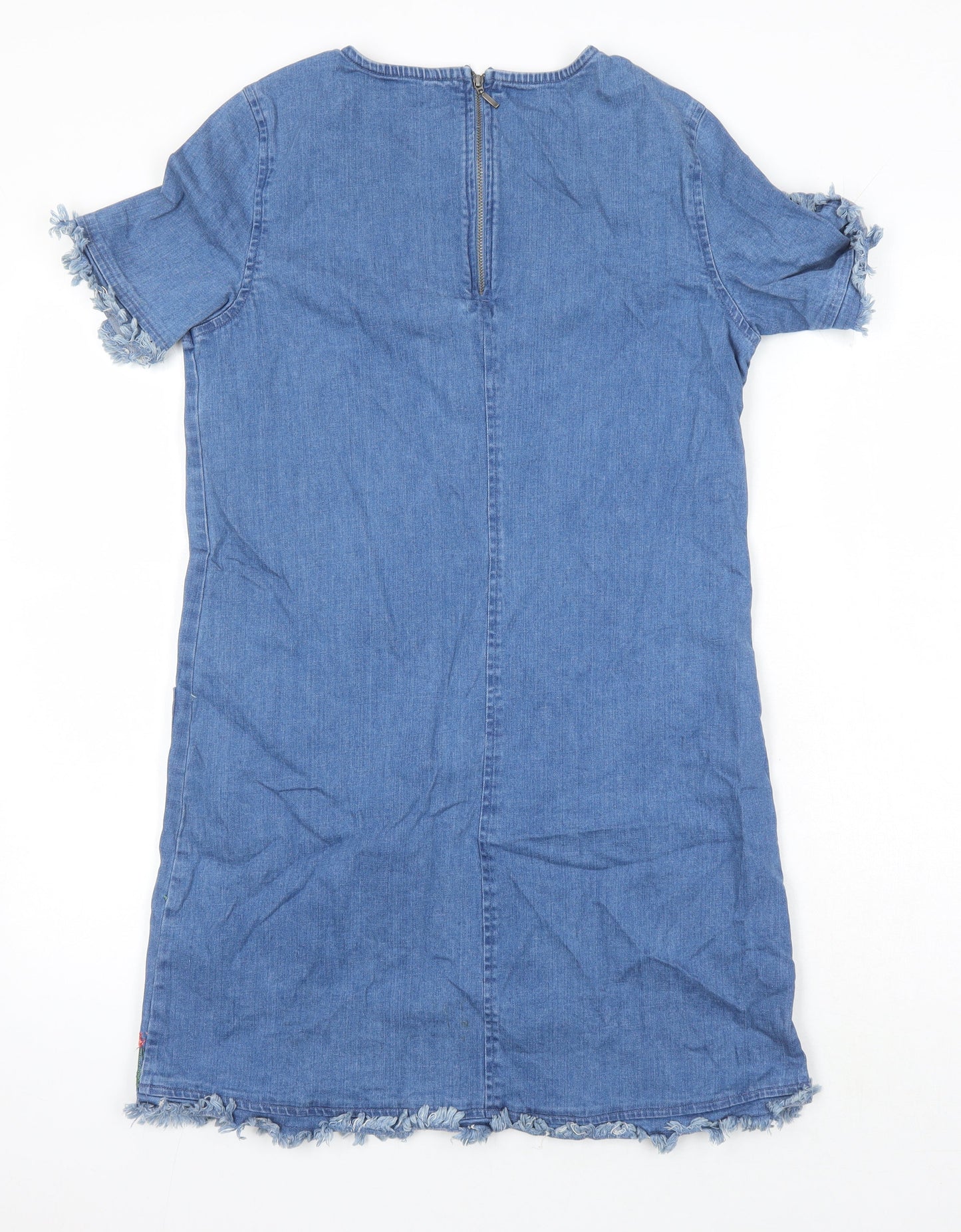 Red Herring Womens Blue Cotton Sheath Size 10 Round Neck - Embroidered Flowers