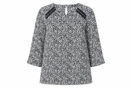 Front view of Dunnes women’s ivory geometric polyester tunic blouse, size XS, round neck