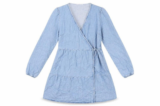 Marks & Spencer Girls Blue Cotton Wrap Dress Size 12-13 Years V-Neck Tie