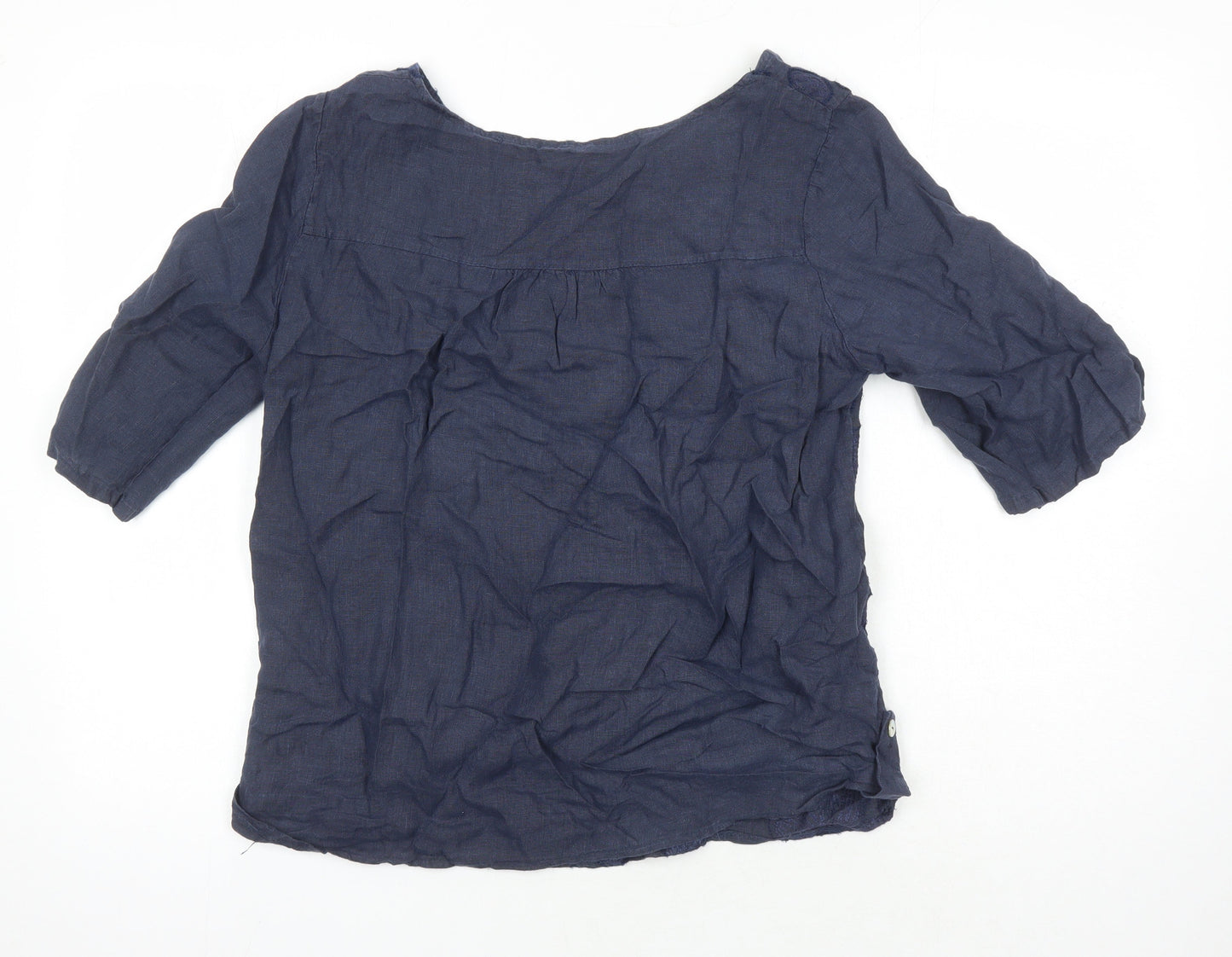 Lungo Larno Womens Blue Linen Tunic Blouse Size L Round Neck - Embroidered Detail