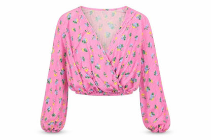 Front view of ASOS women’s multicoloured floral polyester cropped blouse, size UK 8, v-neck