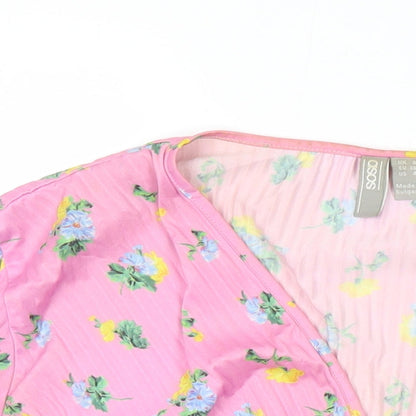 Close-up detail of ASOS women’s multicoloured floral polyester cropped blouse, size UK 8, v-neck