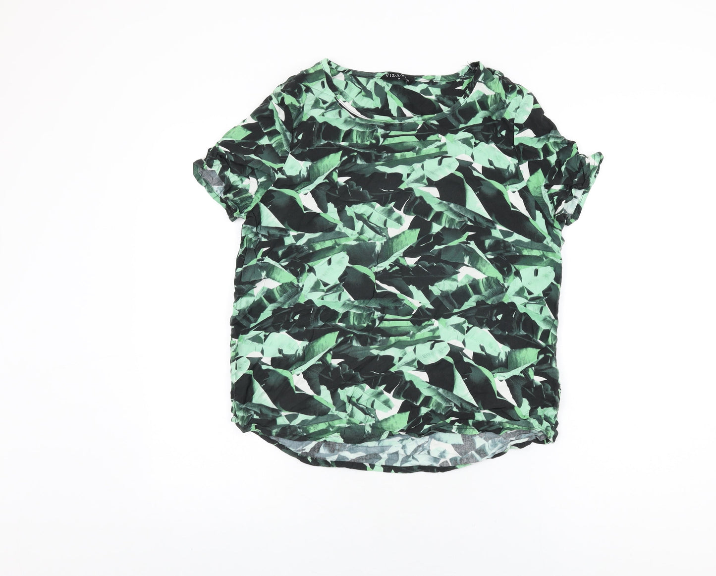 Viz-A-Viz Womens Green Geometric Viscose Basic T-Shirt Size M Round Neck