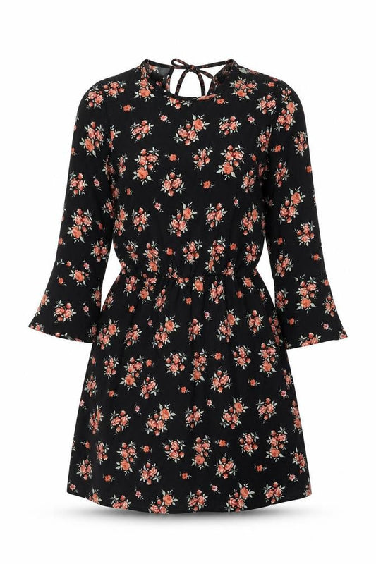 H&M Womens Black Floral Polyester Skater Dress Size 6 Round Neck Tie