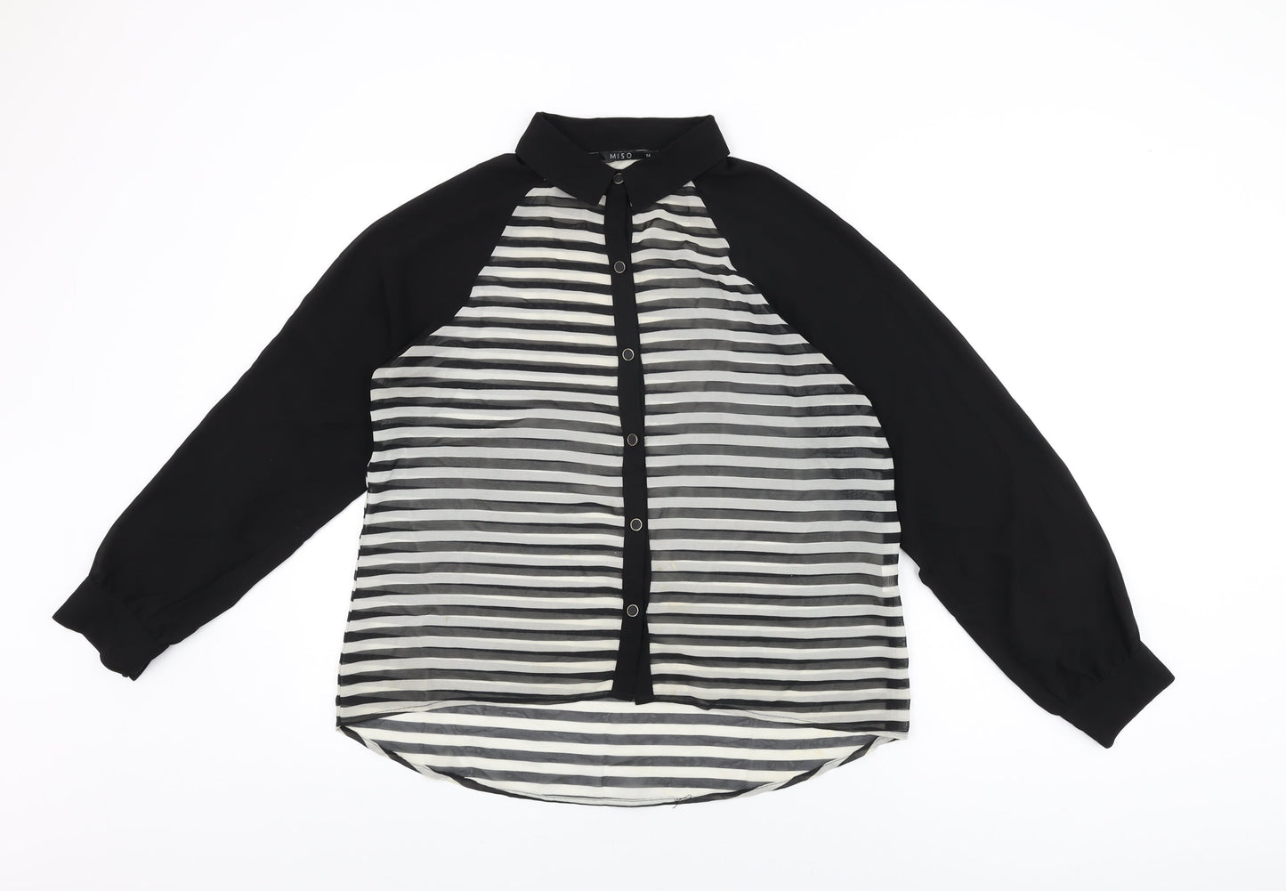Miso Womens Black Striped Polyester Basic Button-Up Size 14 Collared