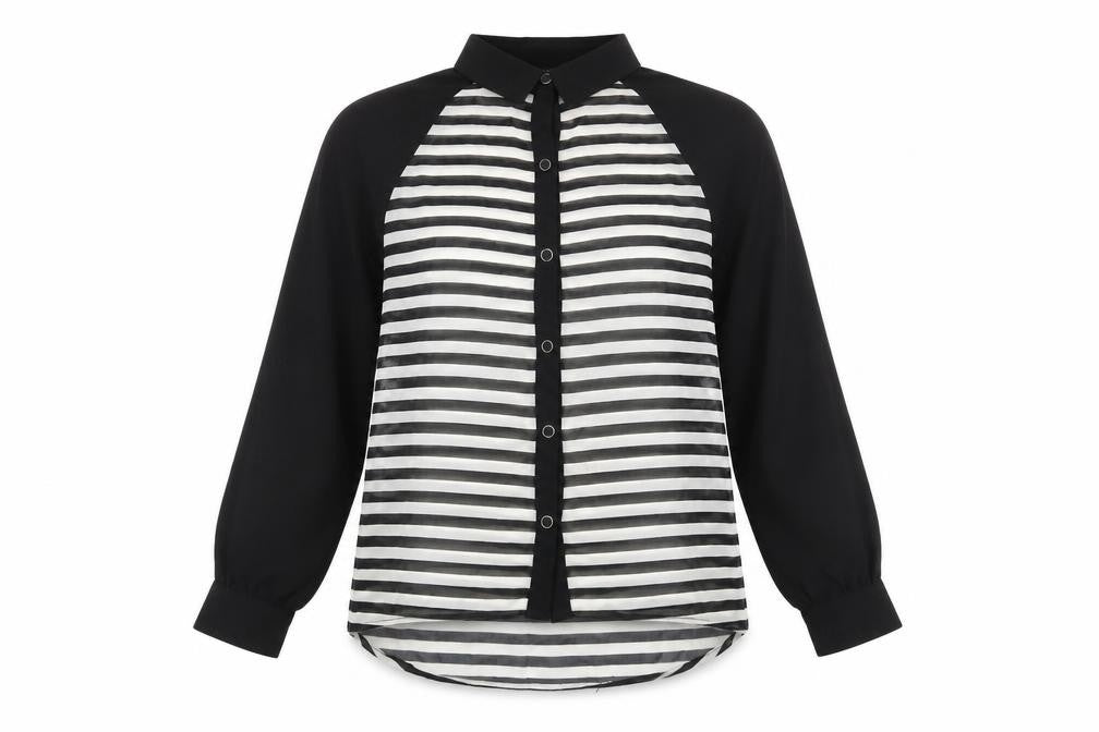 Miso Womens Black Striped Polyester Basic Button-Up Size 14 Collared