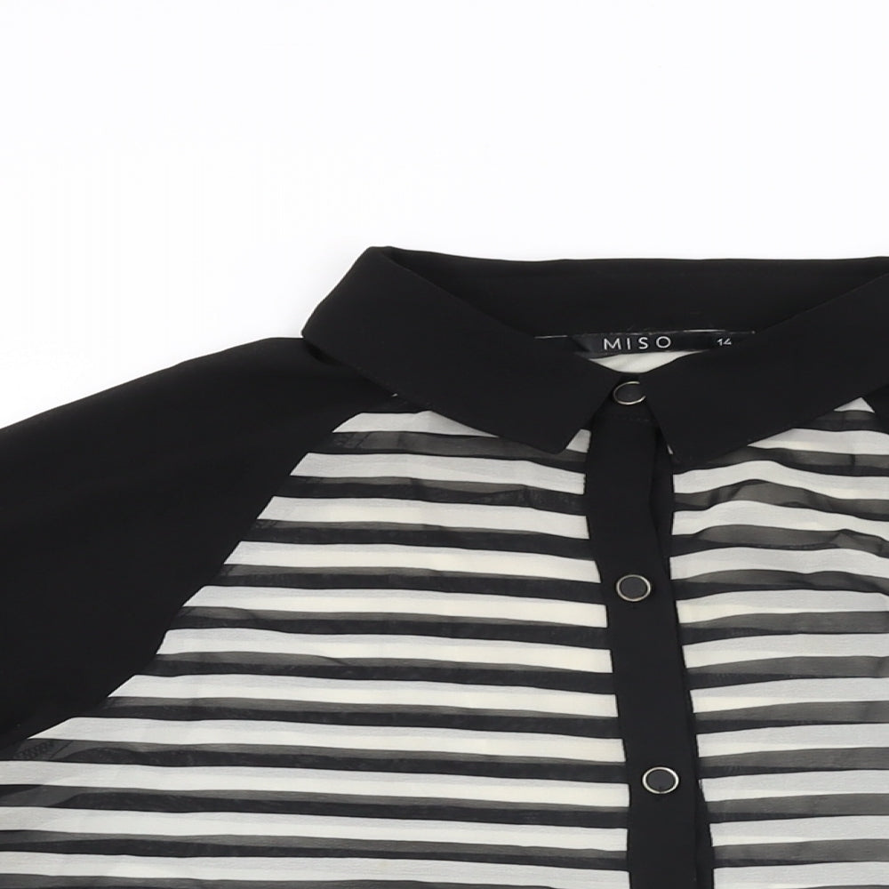 Miso Womens Black Striped Polyester Basic Button-Up Size 14 Collared