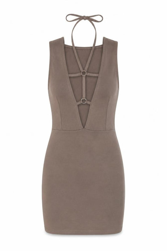PRETTYLITTLETHING Womens Brown Polyester Bodycon Size 6 V-Neck Tie