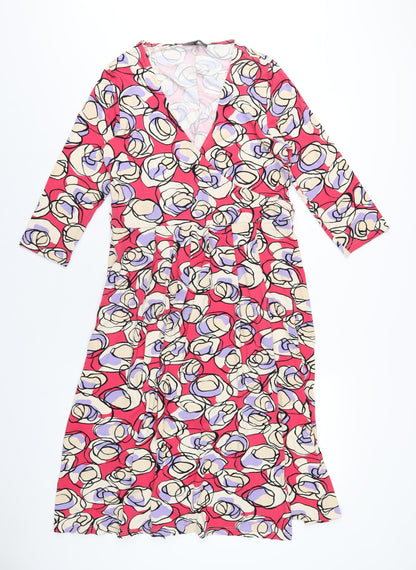 Additional front view of Betty Jackson women’s pink geometric viscose a-line, size UK 14, v-neck pullover
