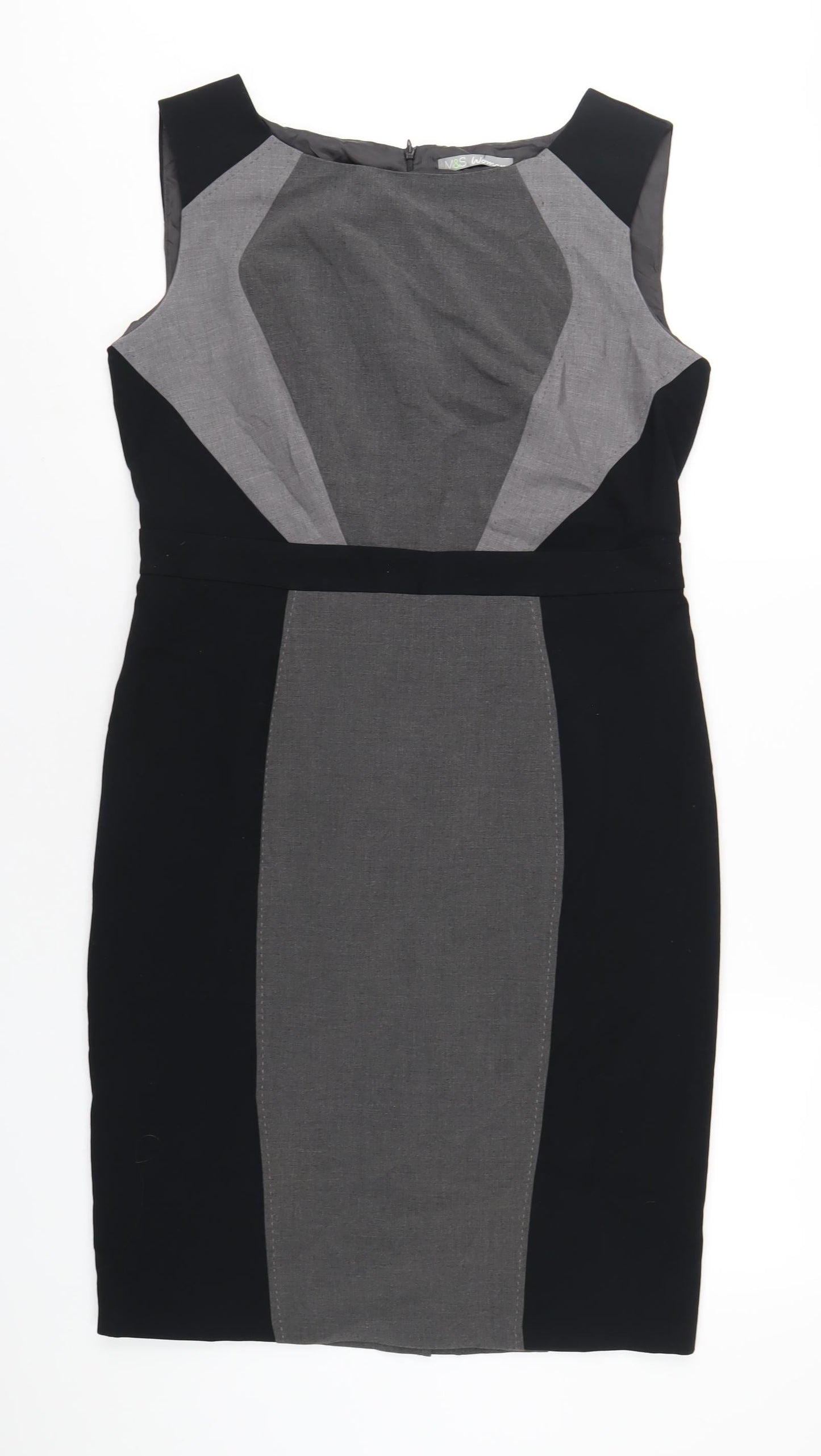 Marks and Spencer Womens Grey Polyester Pencil Dress Size 14 Round Neck Zip