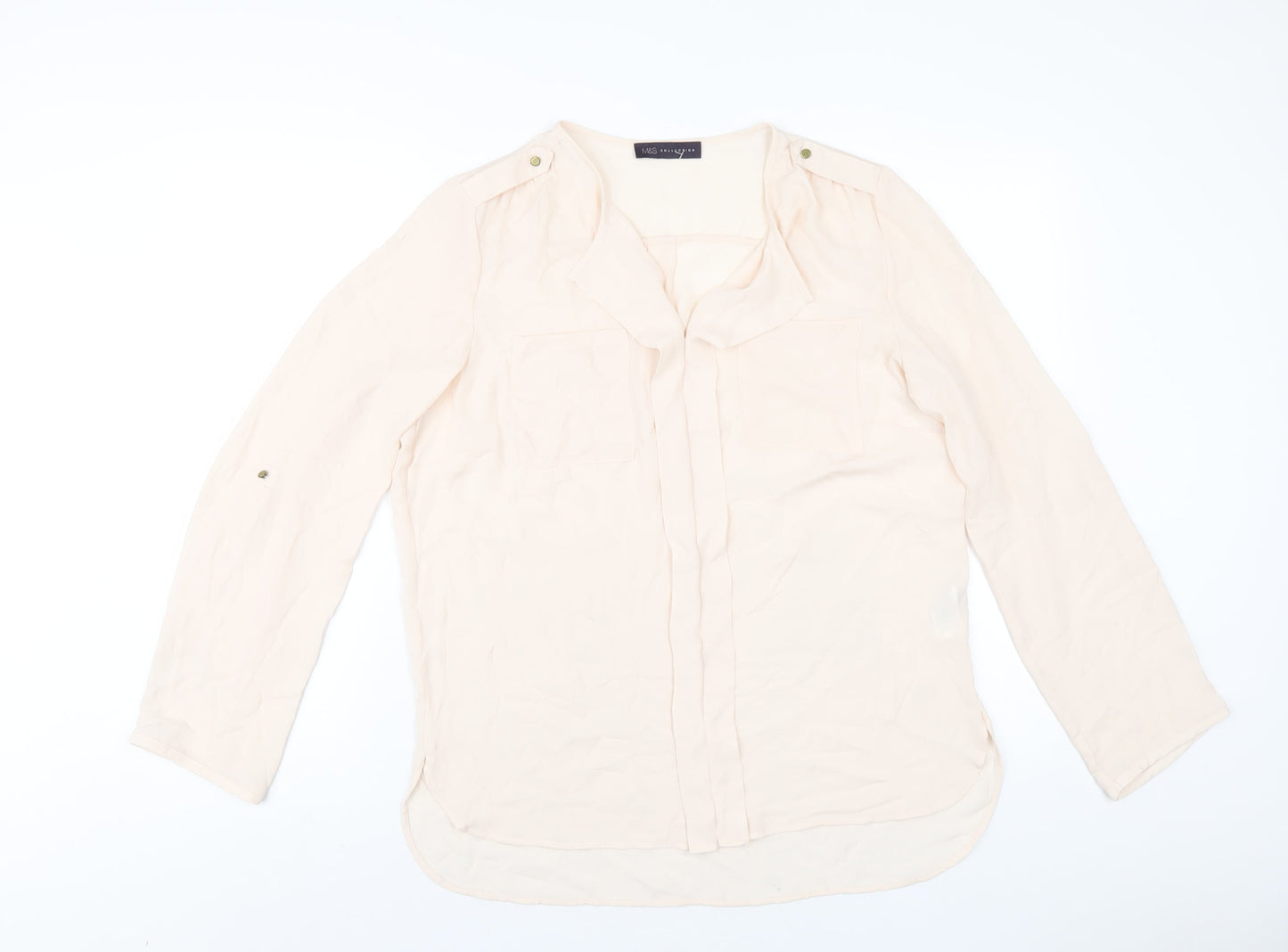 Marks and Spencer Womens Beige Polyester Basic Blouse Size 14 V-Neck