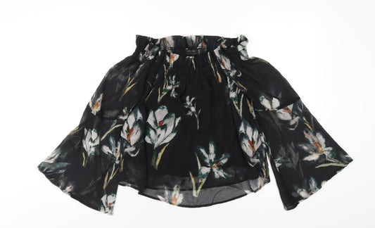 Religion Womens Black Floral Polyester Basic T-Shirt Size 8 Off the Shoulder
