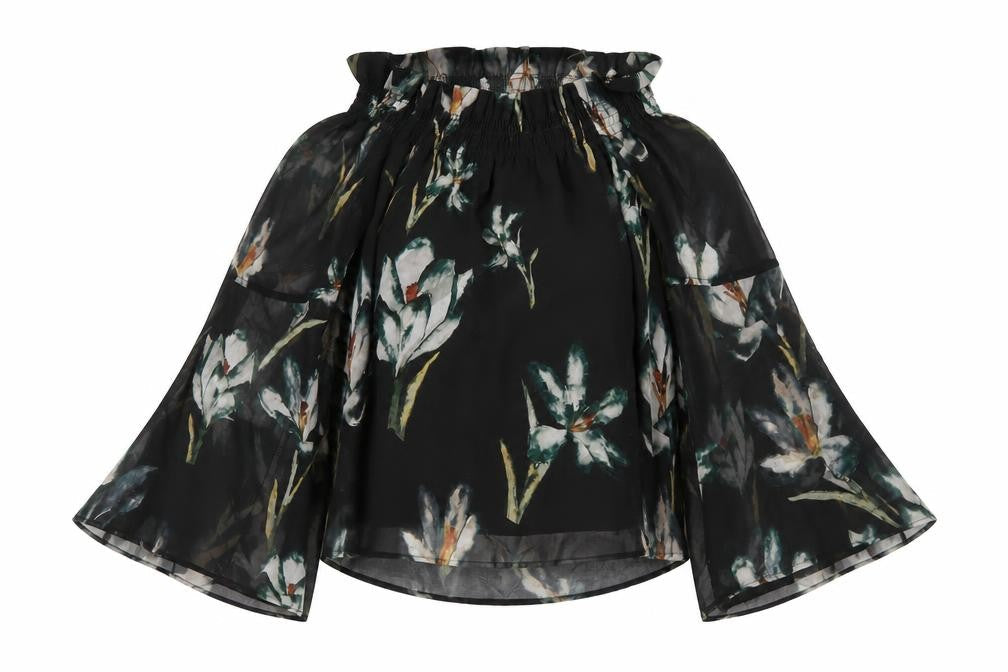 Religion Womens Black Floral Polyester Basic T-Shirt Size 8 Off the Shoulder